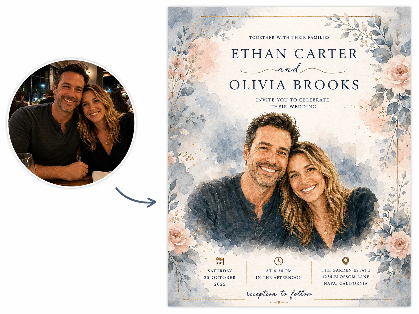 Before-and-after banner showing a couple's photo transformed into a watercolor-style wedding invitation for Ethan Carter and Olivia Brooks.