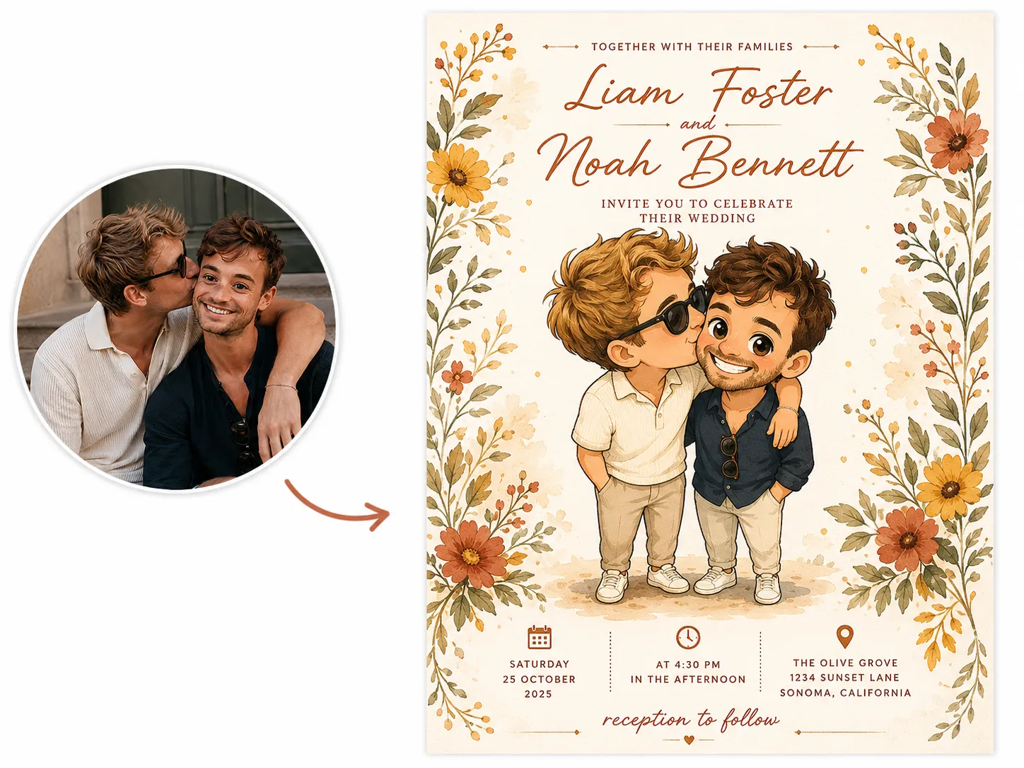 Before-and-after banner showing a couple's photo transformed into a caricature-style wedding invitation for Liam Foster and Noah Bennett.