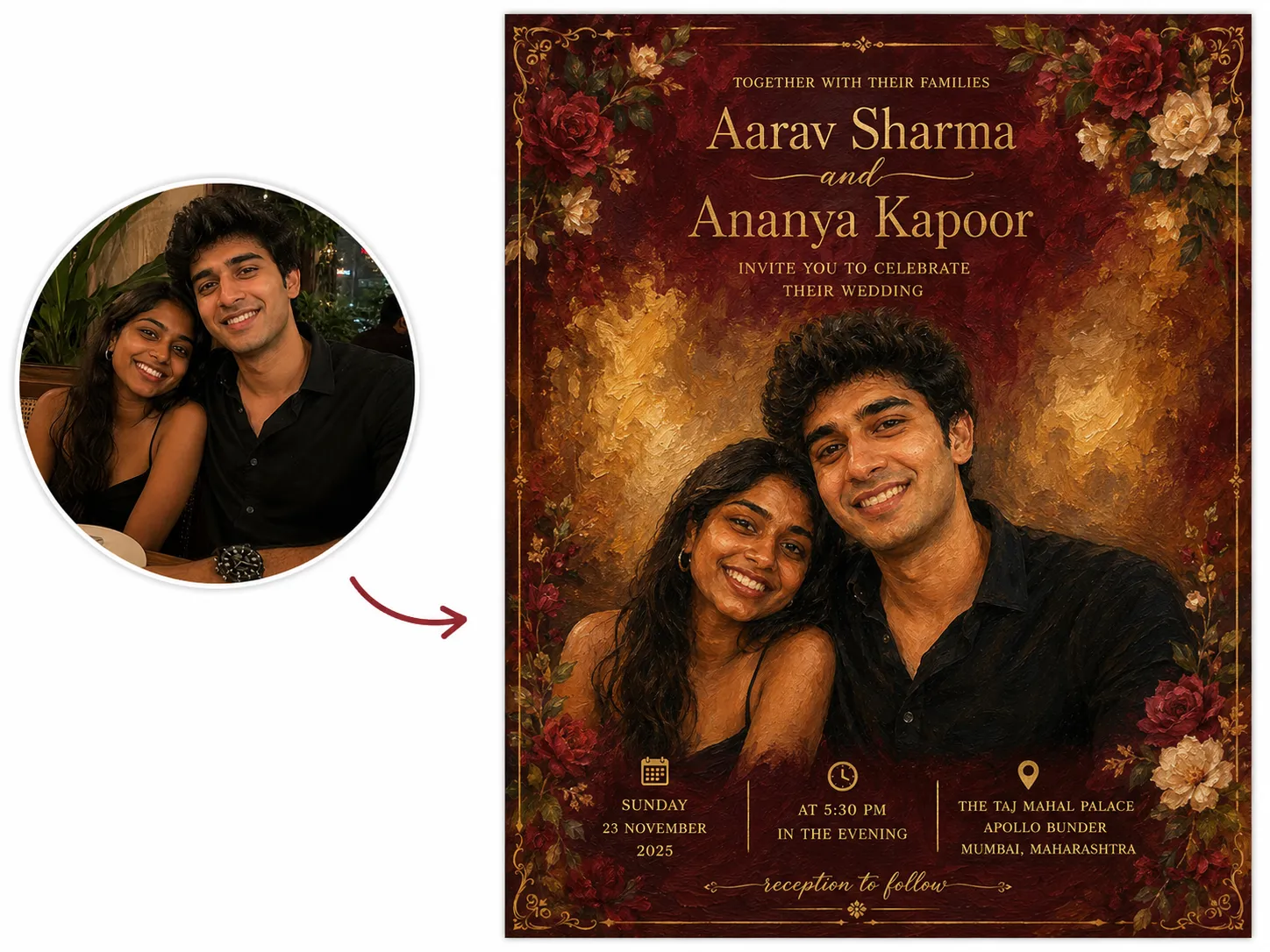 Before-and-after banner showing a couple's photo transformed into an oil painting-style wedding invitation for Aarav Sharma and Ananya Kapoor.
