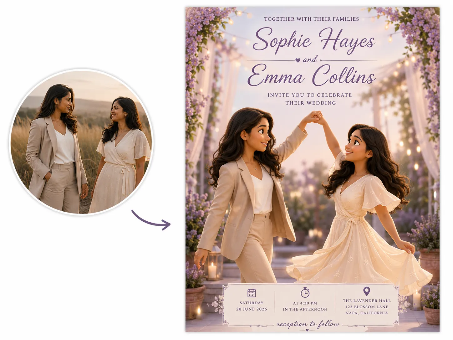 Before-and-after banner showing a couple's photo transformed into a Pixar-style 3D wedding invitation for Sophie Hayes and Emma Collins.