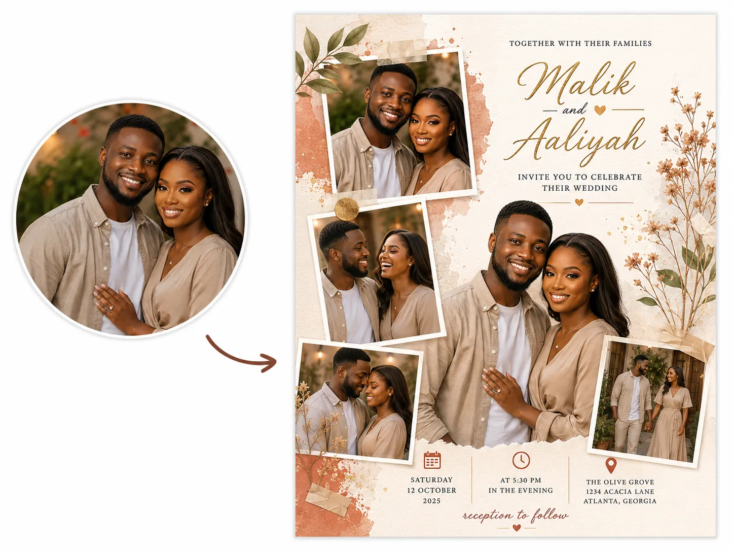 Before-and-after banner showing a couple's photos transformed into a photo collage-style wedding invitation for Malik and Aaliyah.