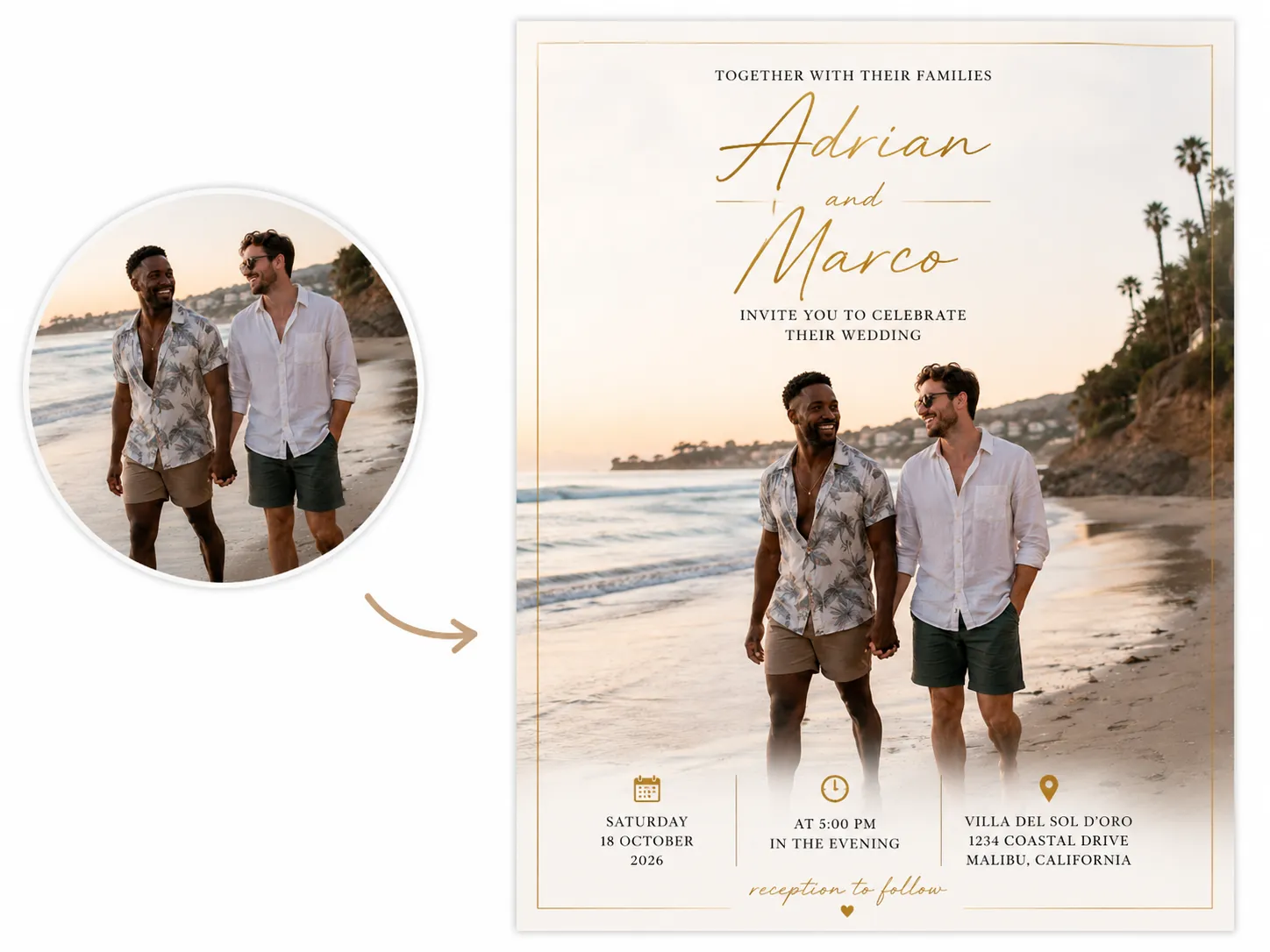 Before-and-after banner showing a couple's photo framed elegantly into a wedding invitation for Adrian and Marco.