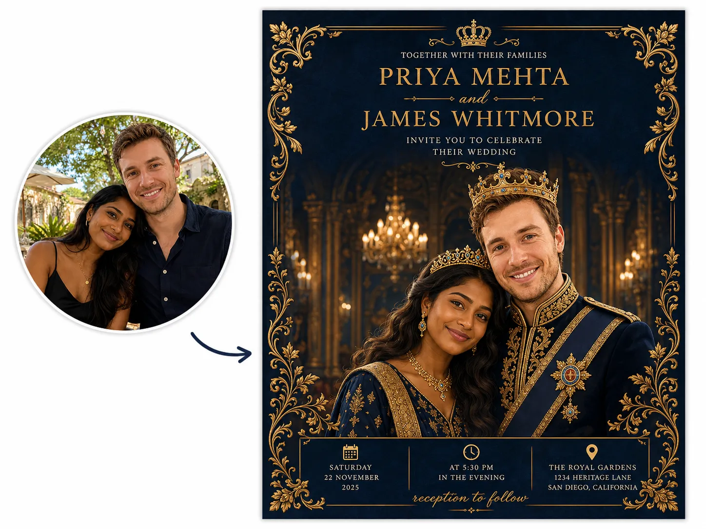 Before-and-after banner showing a couple's photo transformed into a royal illustrated wedding invitation.