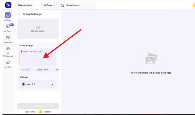 Screenshot of the Image to Image tool with an arrow pointing to the prompt input box where users can describe the image they want to generate.