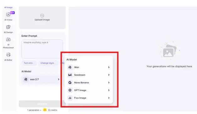 Screenshot of the Image to Image tool with the AI Model dropdown expanded, showing available models including Wan, Seedream, Nano Banana, GPT Image, and Flux Image.