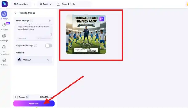 Screenshot of the Text to Image tool showing the Generate button highlighted after an AI-generated football training camp poster is created.