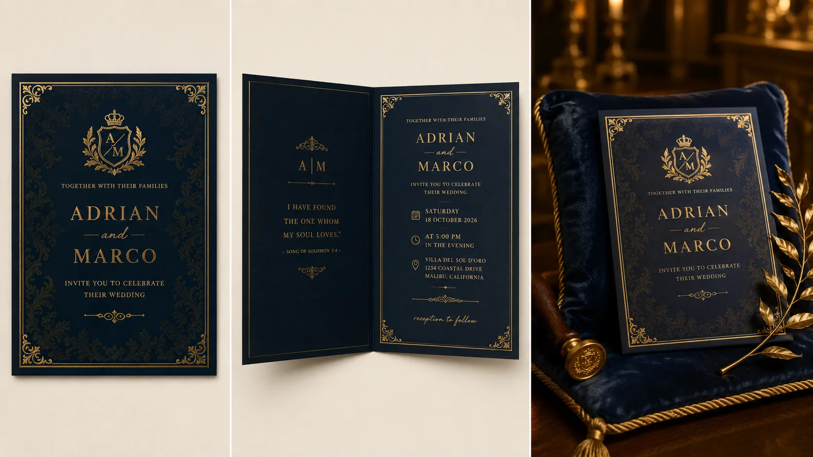 Before-and-after banner showing a royal wedding invitation card design in navy and gold, front cover, opened inside, and styled mockup for Isabella Windsor and Alexander Grey.