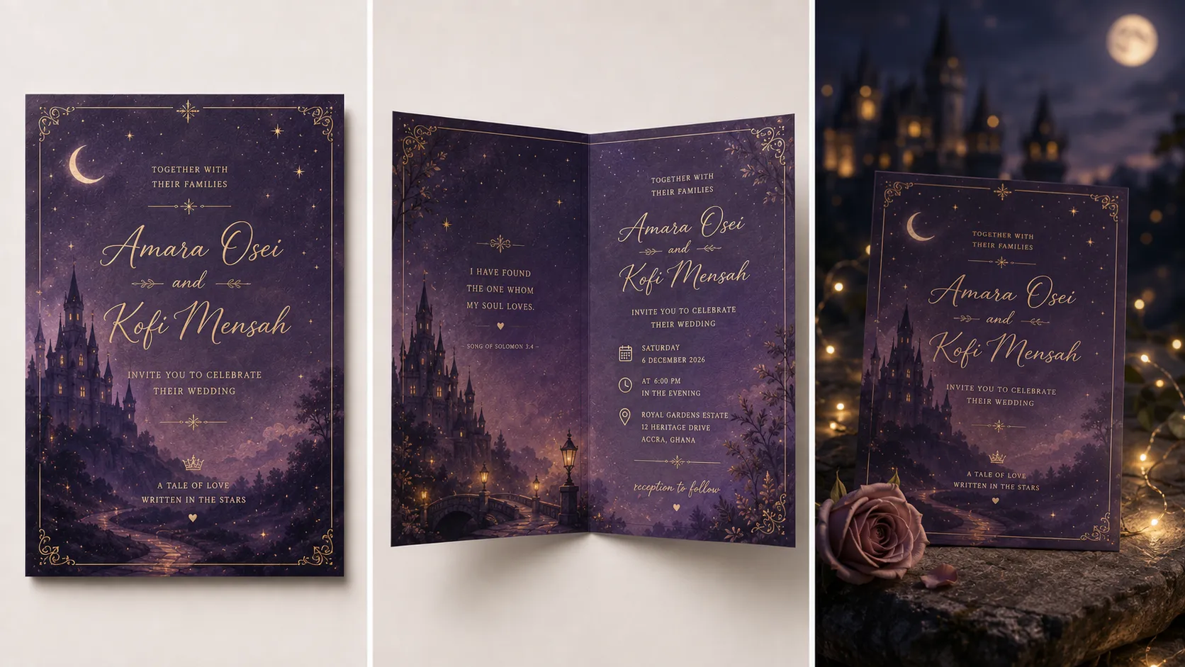 Before-and-after banner showing a fairytale wedding invitation card design in dusky purple tones, front cover, opened inside, and styled mockup for Amara Osei and Kofi Mensah.
