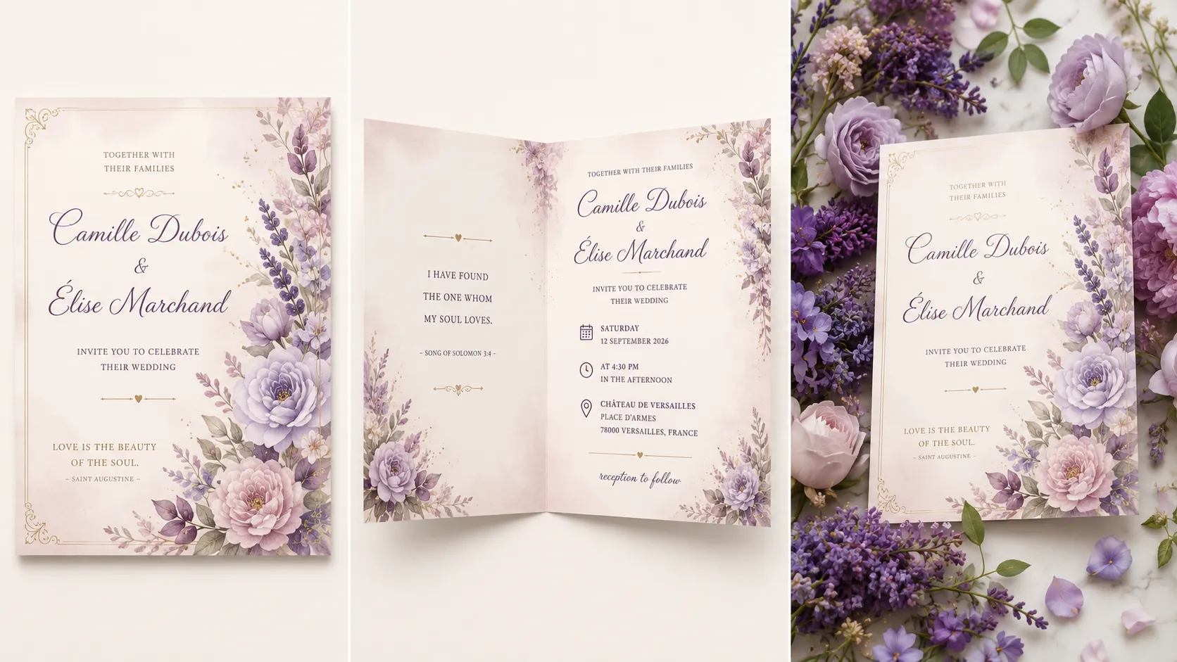 Before-and-after banner showing a floral wedding invitation card design in blush and lavender tones, front cover, opened inside, and styled mockup for Camille Dubois and Élise Marchand.