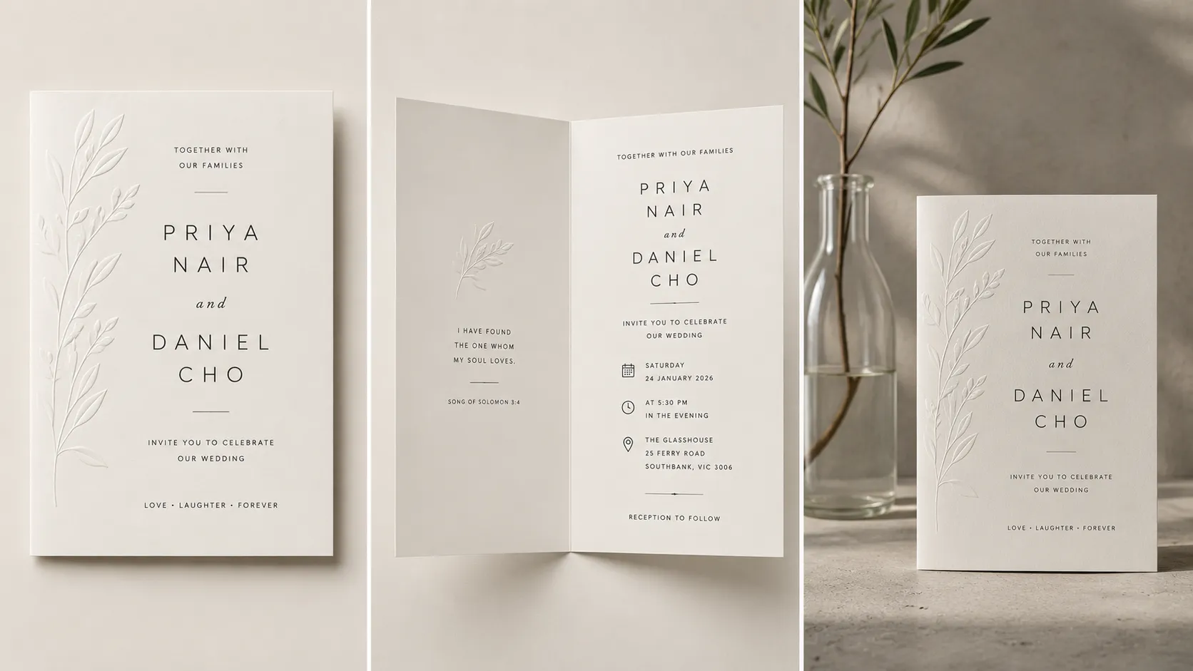 Before-and-after banner showing a modern minimalist wedding invitation card design in off-white and monochrome tones, front cover, opened inside, and styled mockup for wedding.