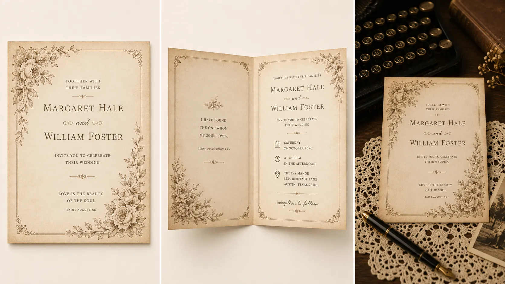 Before-and-after banner showing a vintage wedding invitation card design in cream and sepia tones, front cover, opened inside, and styled mockup for Margaret Hale and William Foster.