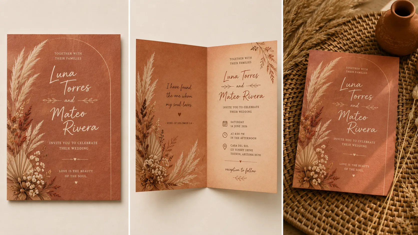 Before-and-after banner showing a boho wedding invitation card design in earthy terracotta tones, front cover, opened inside, and styled mockup for Luna Torres and Mateo Rivera.