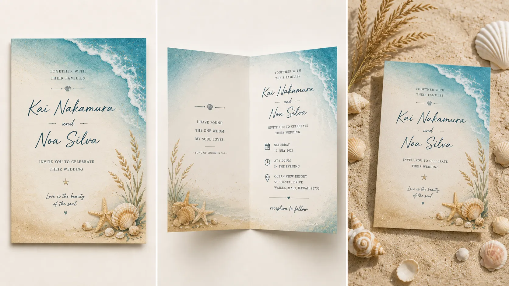 Before-and-after banner showing a beach wedding invitation card design in sandy and ocean blue tones, front cover, opened inside, and styled mockup for wedding.