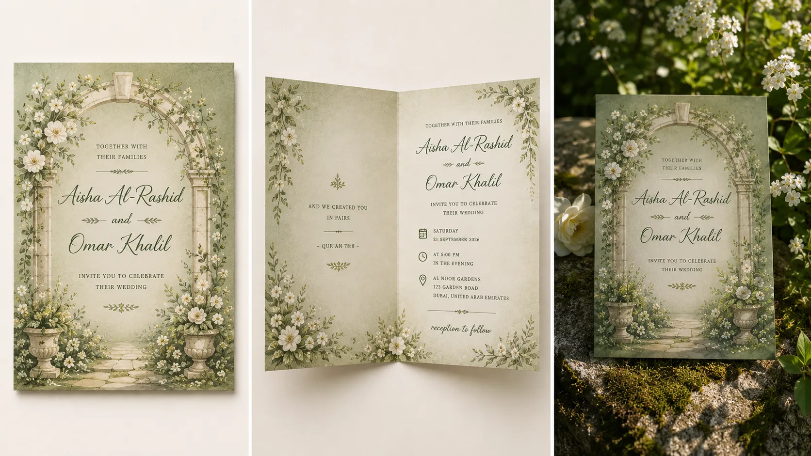 Before-and-after banner showing a garden wedding invitation card design in sage green tones, front cover, opened inside, and styled mockup for Aisha Al-Rashid and Omar Khalil.