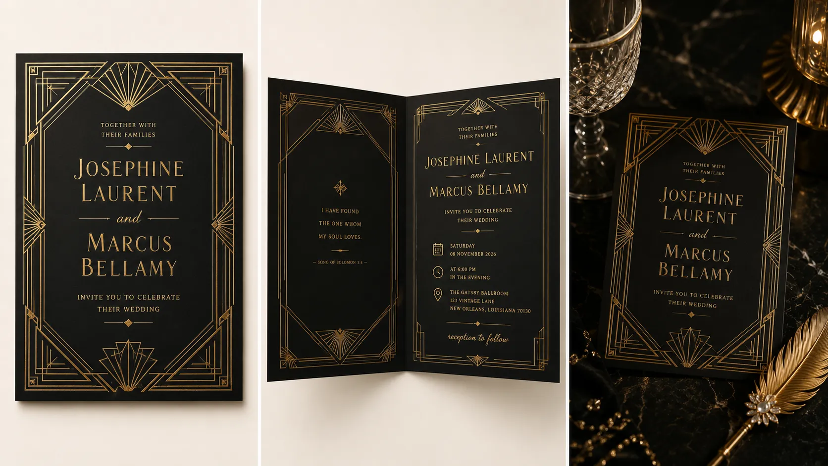 Before-and-after banner showing an Art Deco wedding invitation card design in black and gold tones, front cover, opened inside, and styled mockup for wedding.