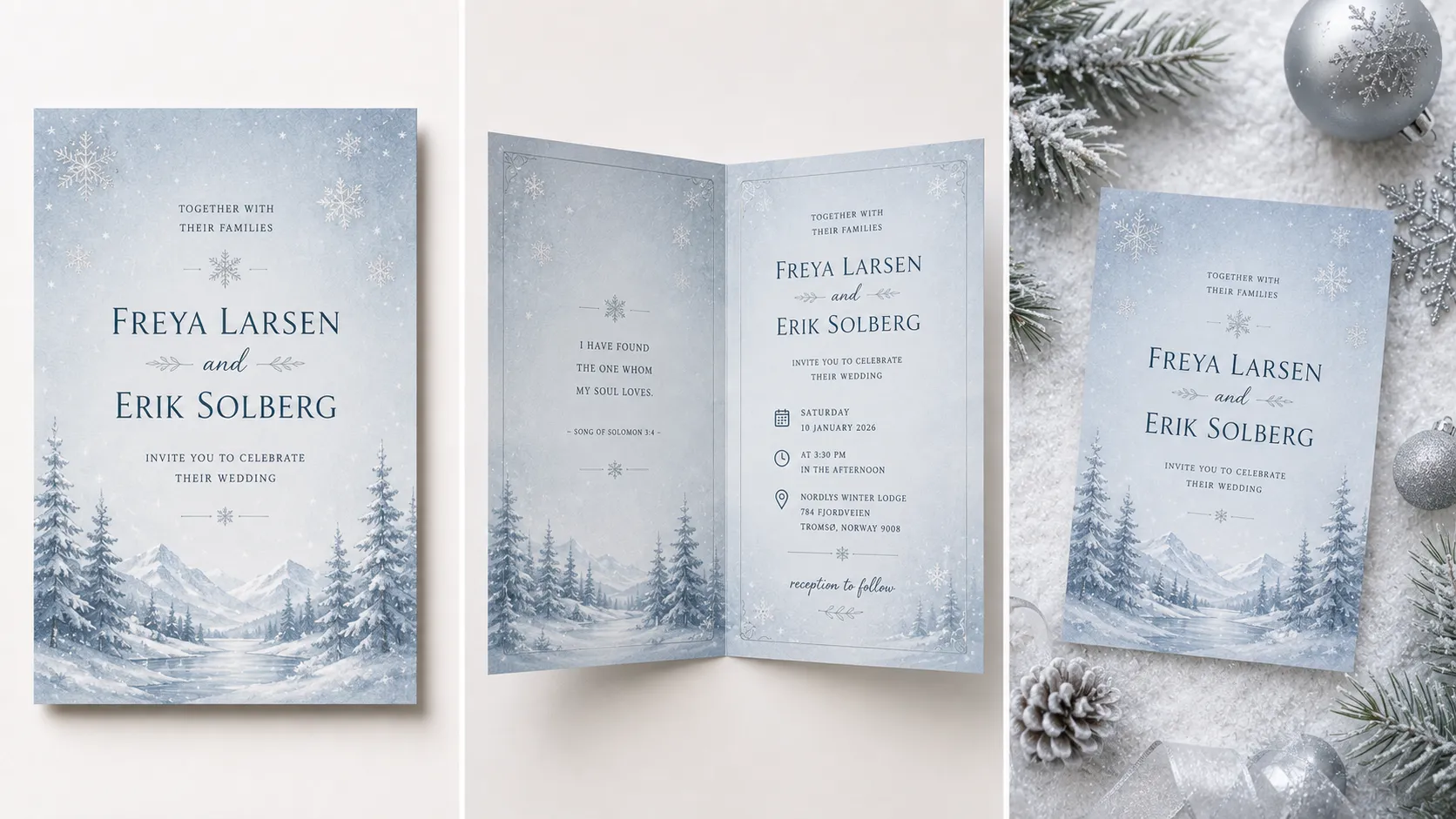 Before-and-after banner showing a winter wedding invitation card design in icy blue and silver tones, front cover, opened inside, and styled mockup for Freya Larsen and Erik Solberg.