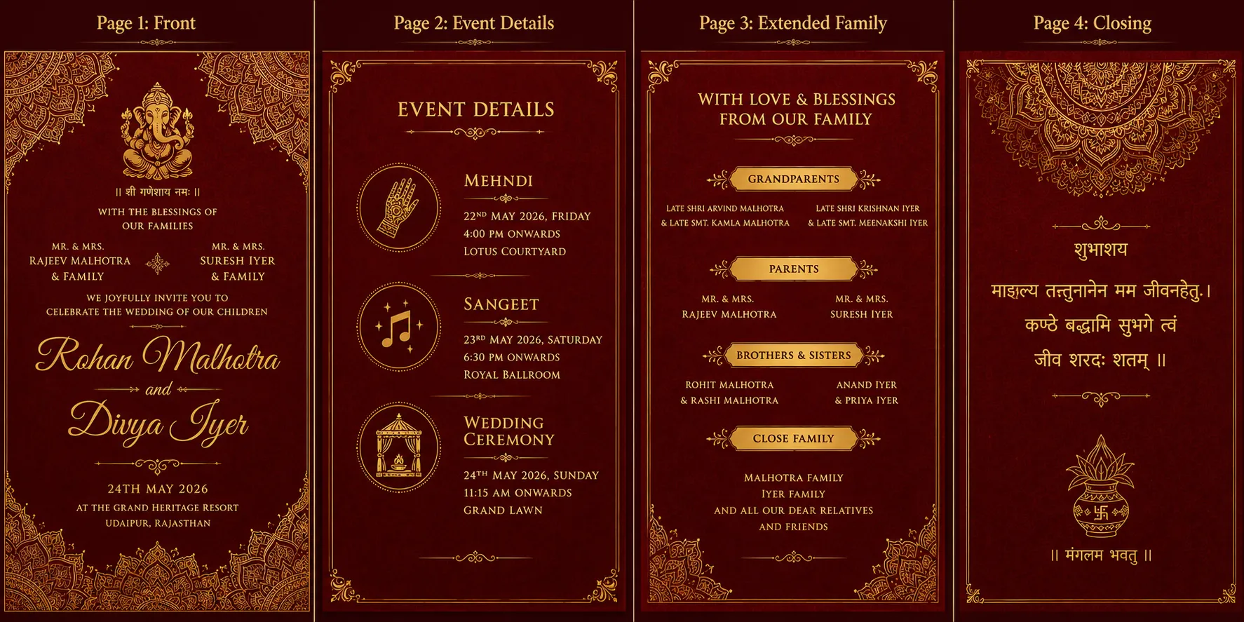 Labeled pages of a Hindu wedding invitation for Rohan Malhotra and Divya Iyer, showing front page, event details, extended family, and closing shloka in a red and gold theme.