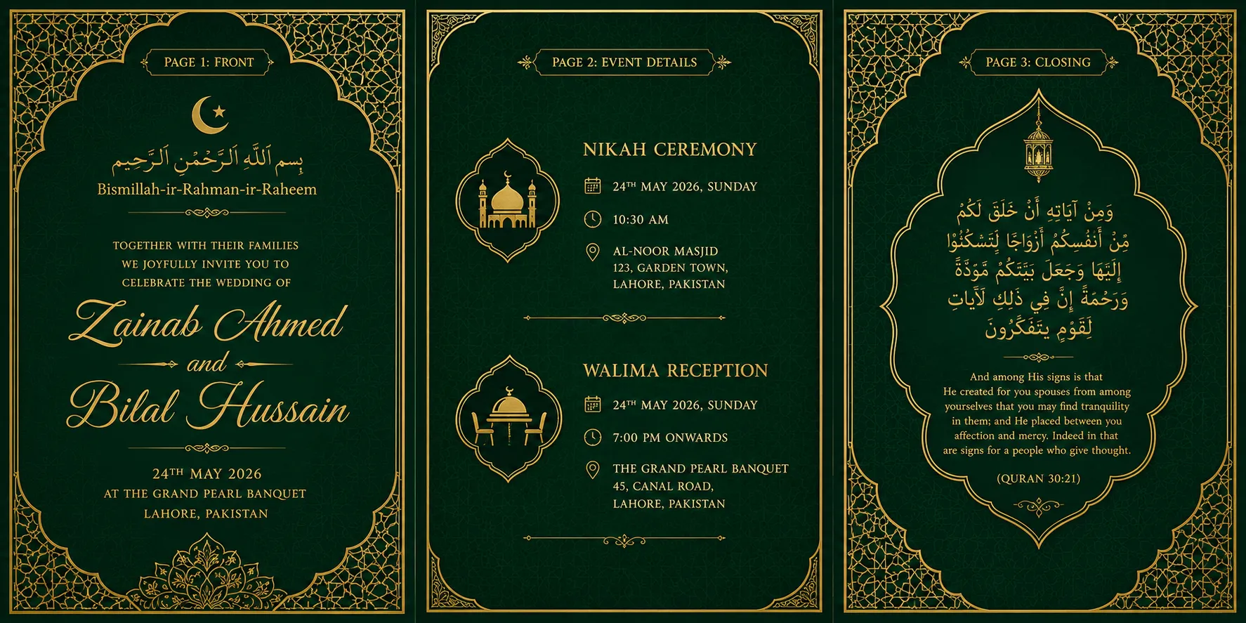 Labeled pages of a Muslim wedding invitation for Zainab Ahmed and Bilal Hussain, showing front page, Nikah and Walima event details, and closing dua in an emerald and gold theme.