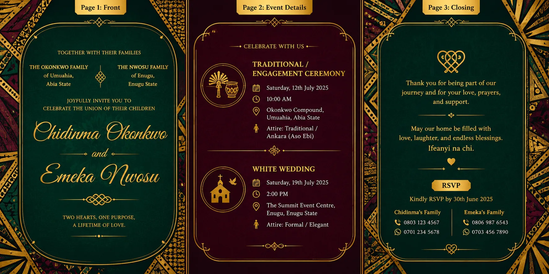 Labeled pages of a Nigerian wedding invitation for Chidinma Okonkwo and Emeka Nwosu, showing front page, traditional and white wedding event details, and closing note in a jewel-tone and gold theme.