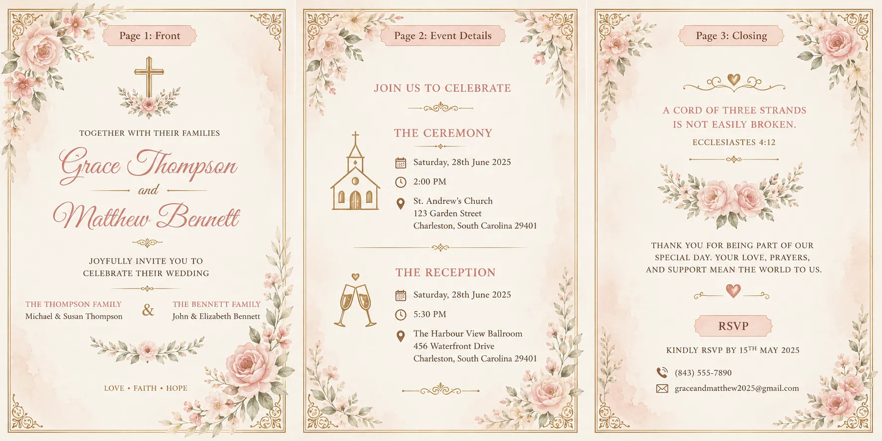 Labeled pages of a Christian wedding invitation for Grace Thompson and Matthew Bennett, showing front page, ceremony and reception details, and closing scripture verse in an ivory and blush theme.
