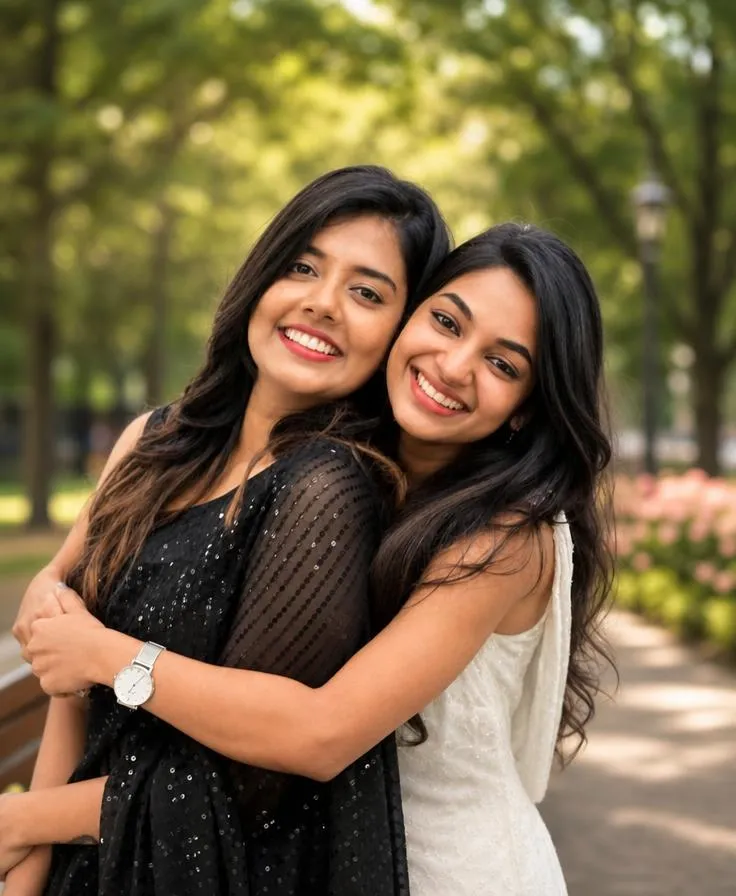 A professional DSLR-style friendship portrait with sharp focus and a beautifully blurred park background.