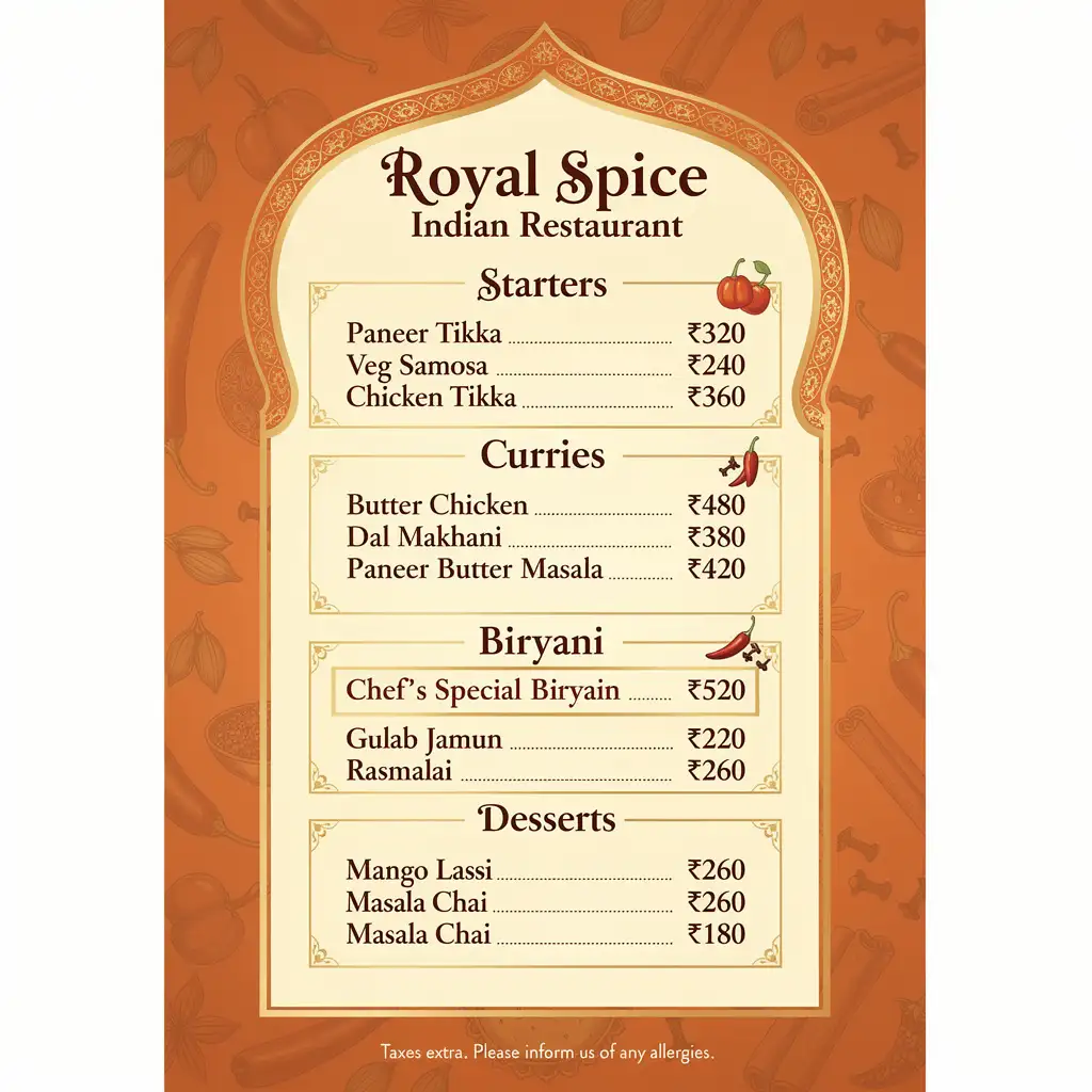 Premium Indian restaurant menu with Mughal-inspired design, curries, biryani, and traditional desserts.