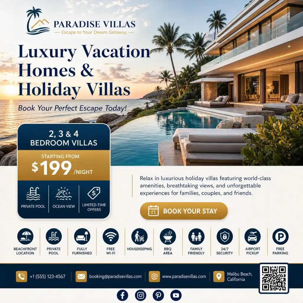 Vacation home flyer featuring beachfront holiday villas with premium amenities and ocean views.
