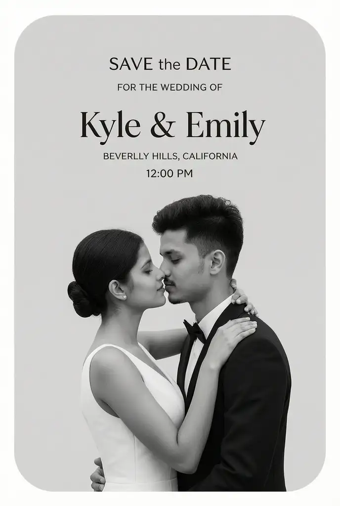 Elegant black-and-white AI save-the-date wedding invitation with a romantic couple portrait and modern typography.