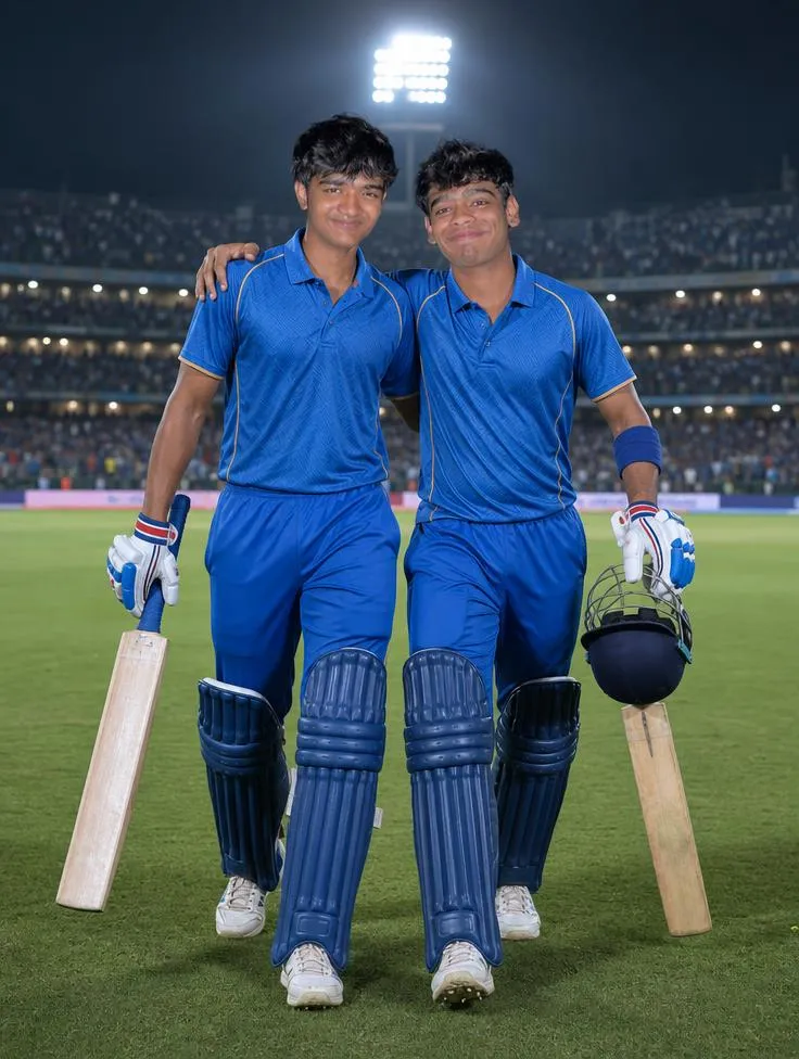 Two cricket teammates celebrating a victory on a stadium field, walking together with bats and helmets under bright floodlights.