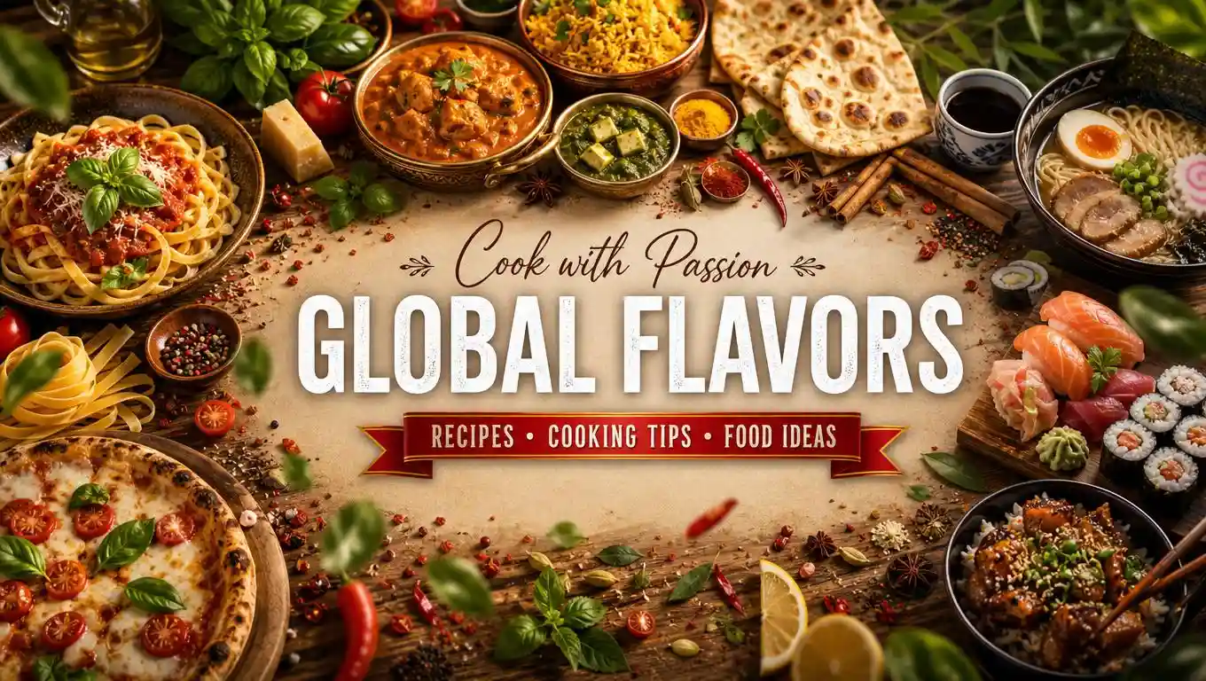 Freshly prepared dishes displayed on a kitchen counter with cooking ingredients.