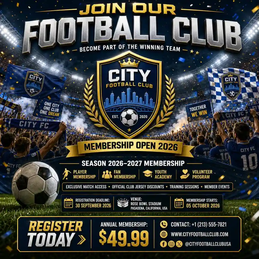 Football club membership drive poster with cheering fans and stadium.