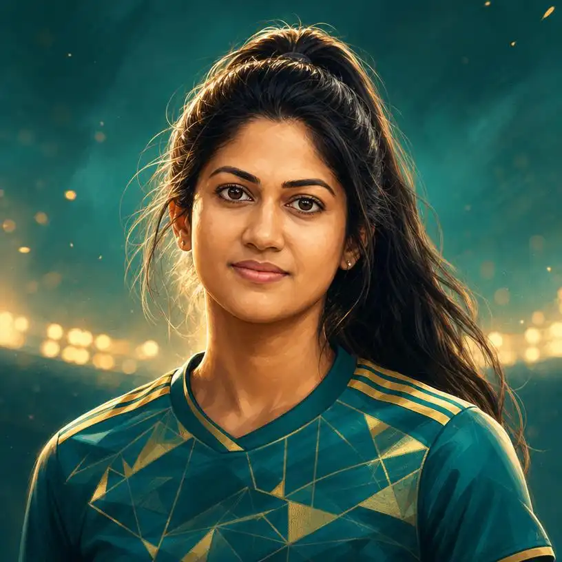 Stylized female football player portrait with teal and gold artwork.