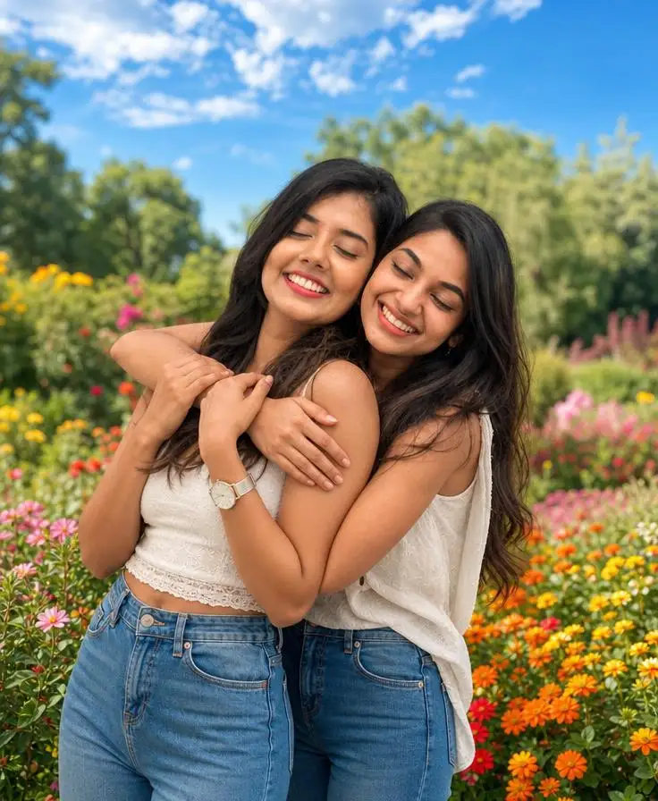 Two best friends hugging in a colorful flower garden filled with blooming flowers and bright sunshine.