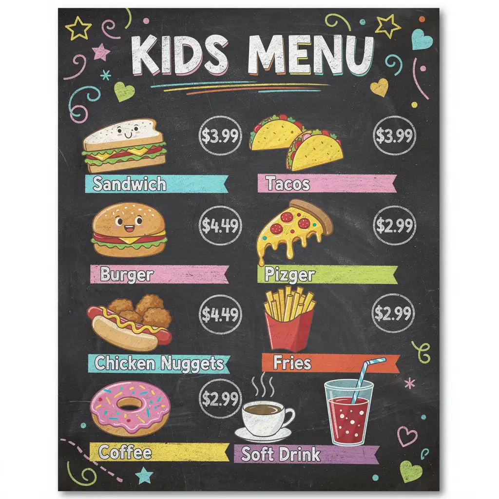 Colorful kids' restaurant menu with cartoon food illustrations and playful chalkboard design.