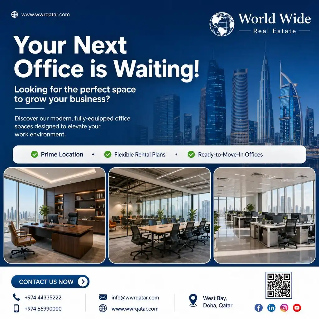 Commercial office space flyer promoting modern workspaces with flexible leasing and premium facilities.