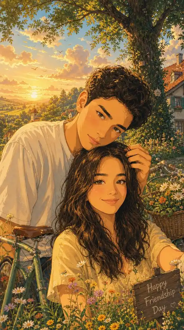 Two best friends illustrated in a magical Ghibli-inspired countryside filled with greenery and warm sunlight.