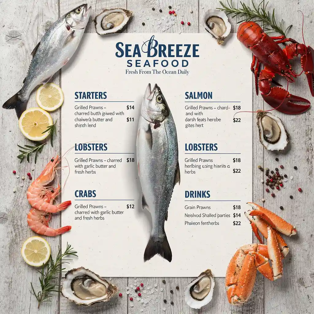 Coastal seafood restaurant menu featuring fish, lobster, shrimp, and fresh ocean-inspired design.
