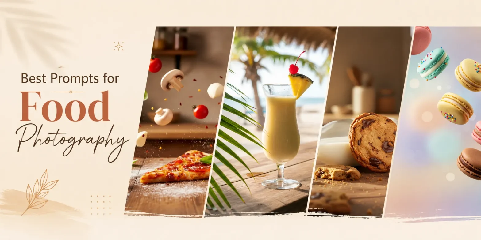 Horizontal banner featuring pizza, tropical drink, cookies with milk, and colorful macarons alongside the heading "Best Prompts for Food Photography.