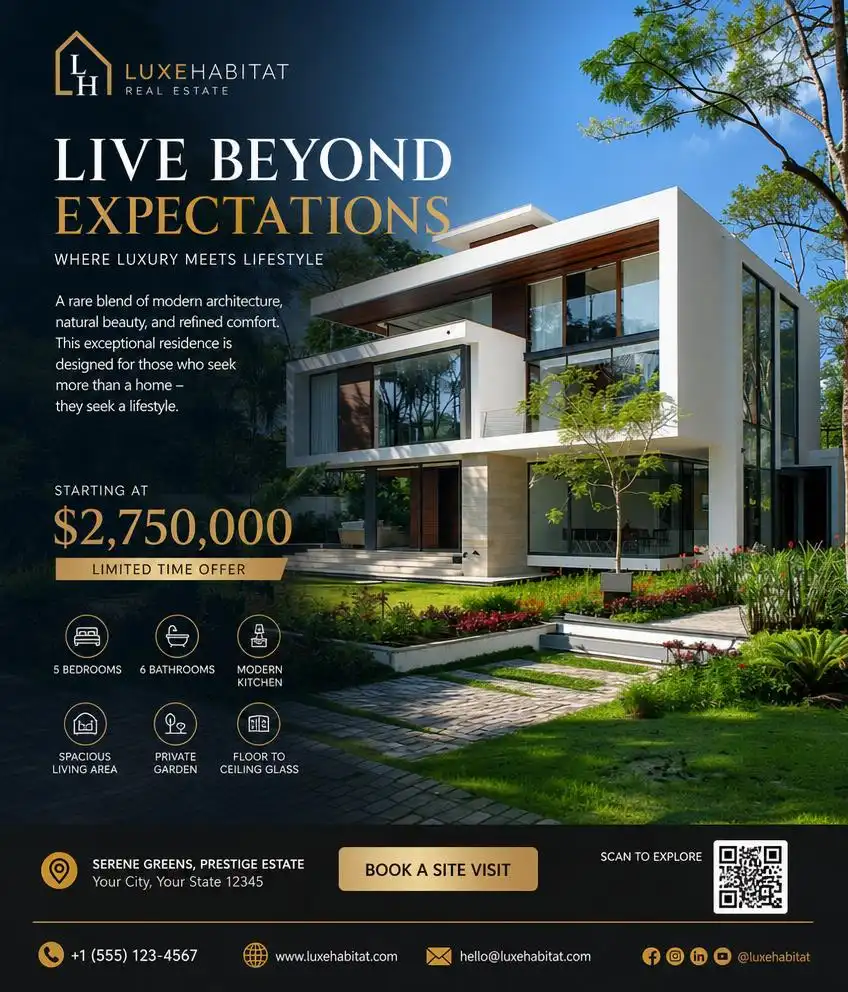 Premium investment property flyer showcasing a luxury property with pricing, features, and contact details.