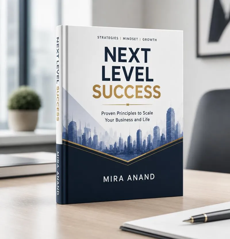 Hardcover business book standing on a modern desk with a softly blurred office background.