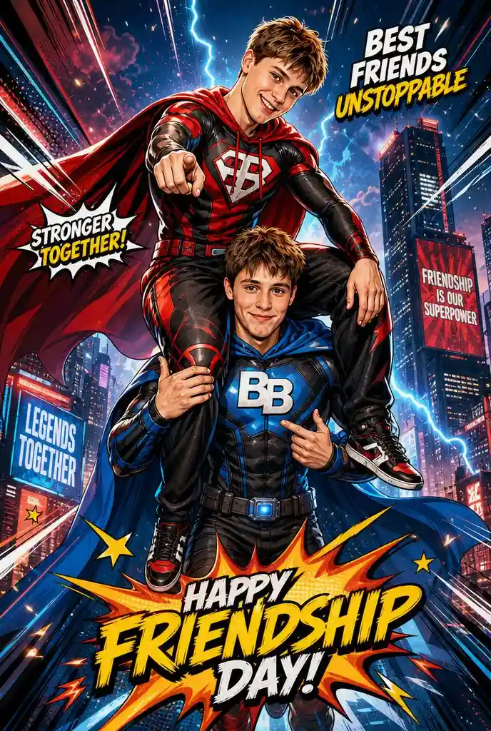 Two best friends portrayed as comic-book superheroes in a futuristic city with dynamic action effects.