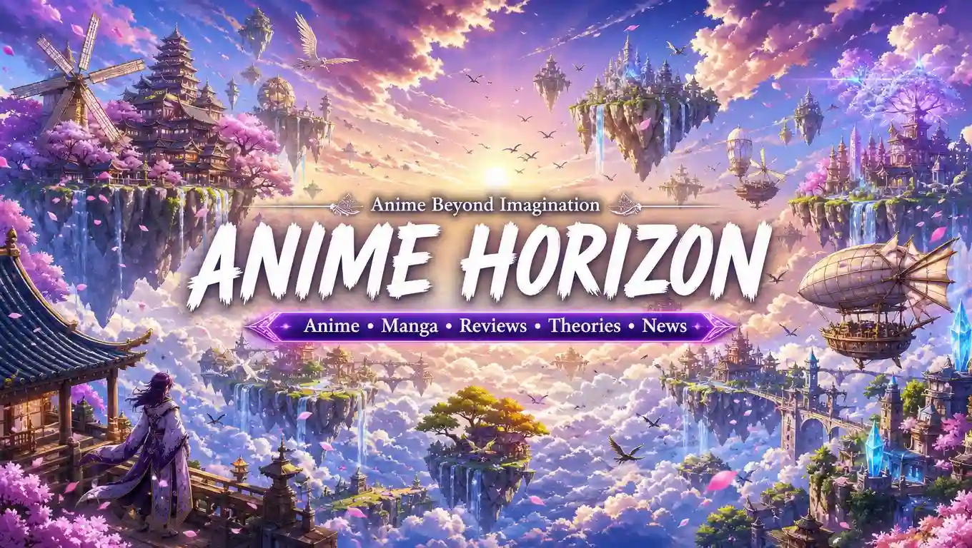 Anime-inspired character standing on floating islands beneath a colorful sky.
