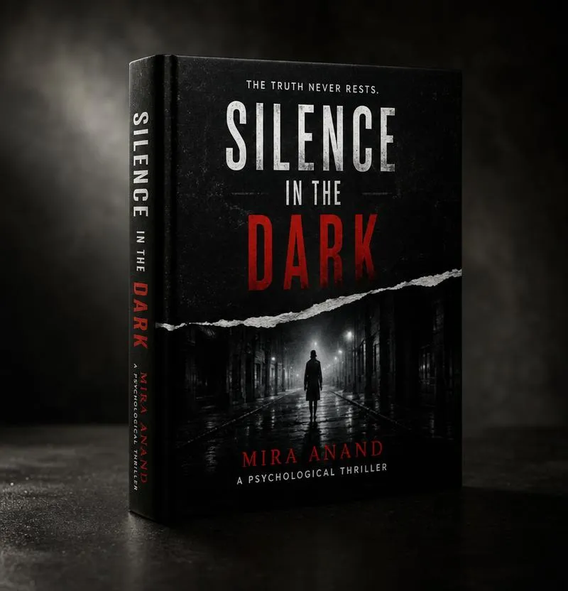 Mystery and thriller book standing on a dark surface with dramatic lighting and subtle atmospheric haze.