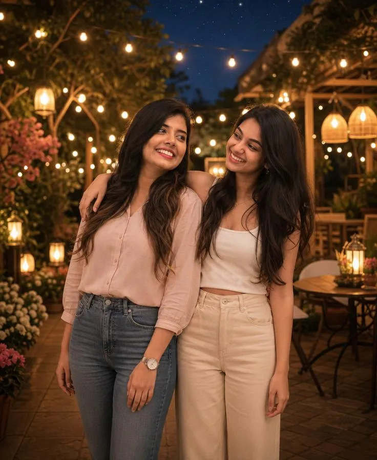 Two best friends sharing a warm moment in a garden decorated with glowing fairy lights and lanterns.