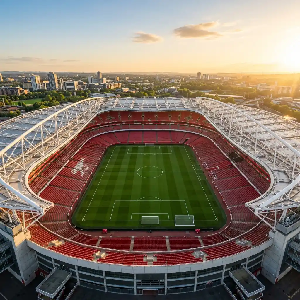 Empty football stadium with green pitch during golden hour.