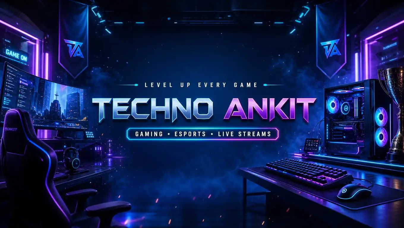 RGB gaming setup with dual monitors, mechanical keyboard, and neon lighting.