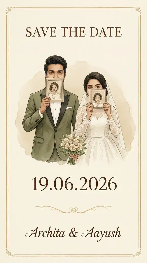 Vintage-style AI save-the-date wedding invitation with illustrated couple portraits and elegant typography.