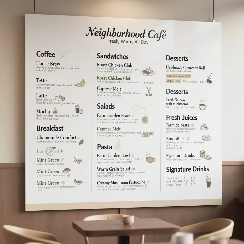 Cozy café menu featuring coffee, breakfast, sandwiches, desserts, and signature drinks.