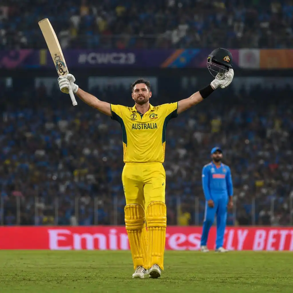 Professional cricket batter in a yellow jersey celebrating a century with raised bat and helmet in a packed stadium.