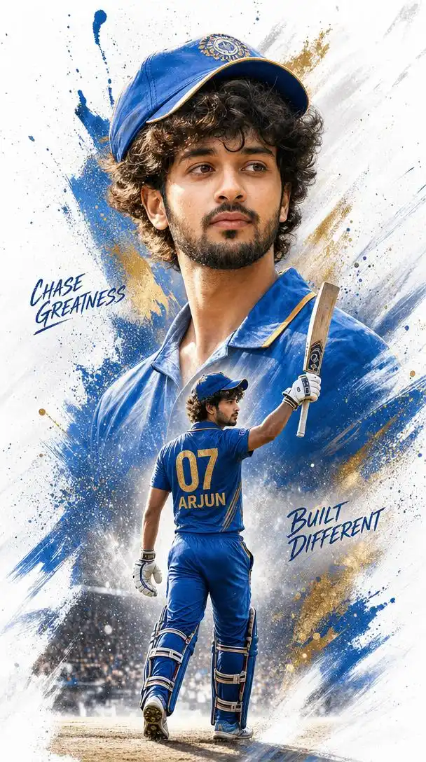 Cricket victory poster with rear-view celebration and jersey number.